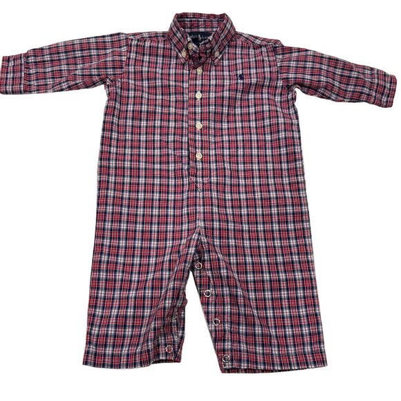 Ralph Lauren Red White & Blue Plaid Romper, Snaps, Cotton, 9 Mos - Picture 1 of 8